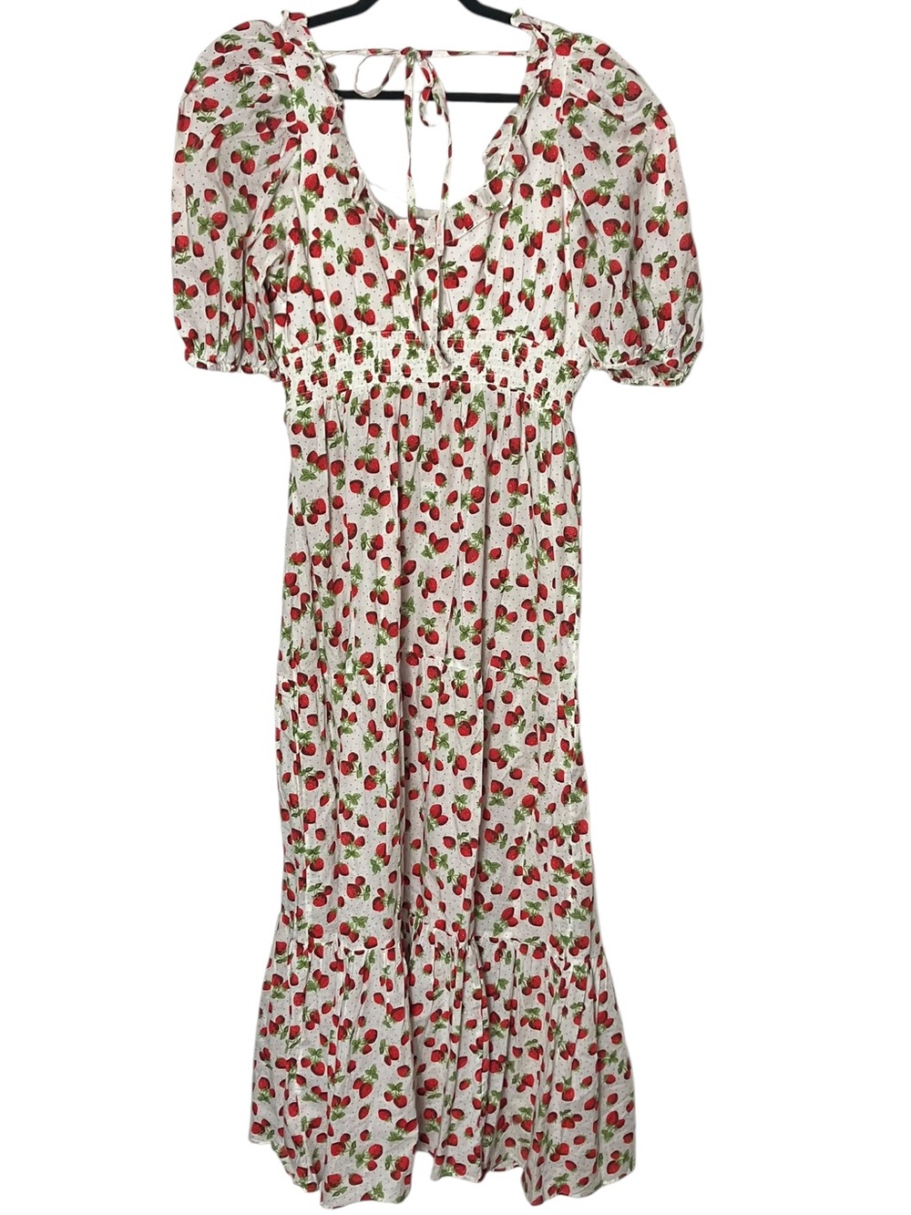 ASOS Puff Sleeve Strawberry Print Tiered Maxi Dress 12 Large - Picture 5 of 9